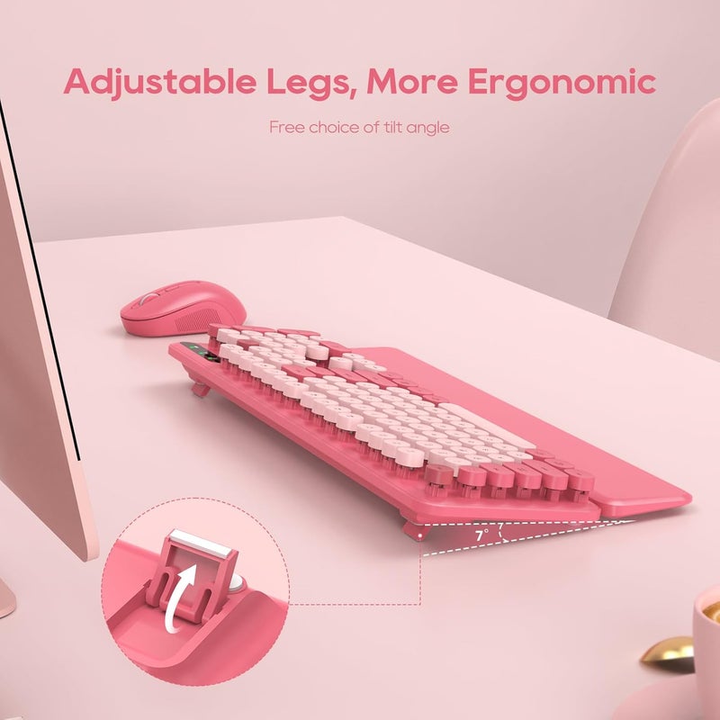 SABLUTE Wireless Keyboard and Mouse Combo - Round Keycaps, Full-Size Retro Typewriter Keyboard with Detachable Wrist Rest, Sleep Mode & Tilt Legs, 2.4GHz Cordless Connection for Mac/Windows/PC (Hot Pink) - Image 3